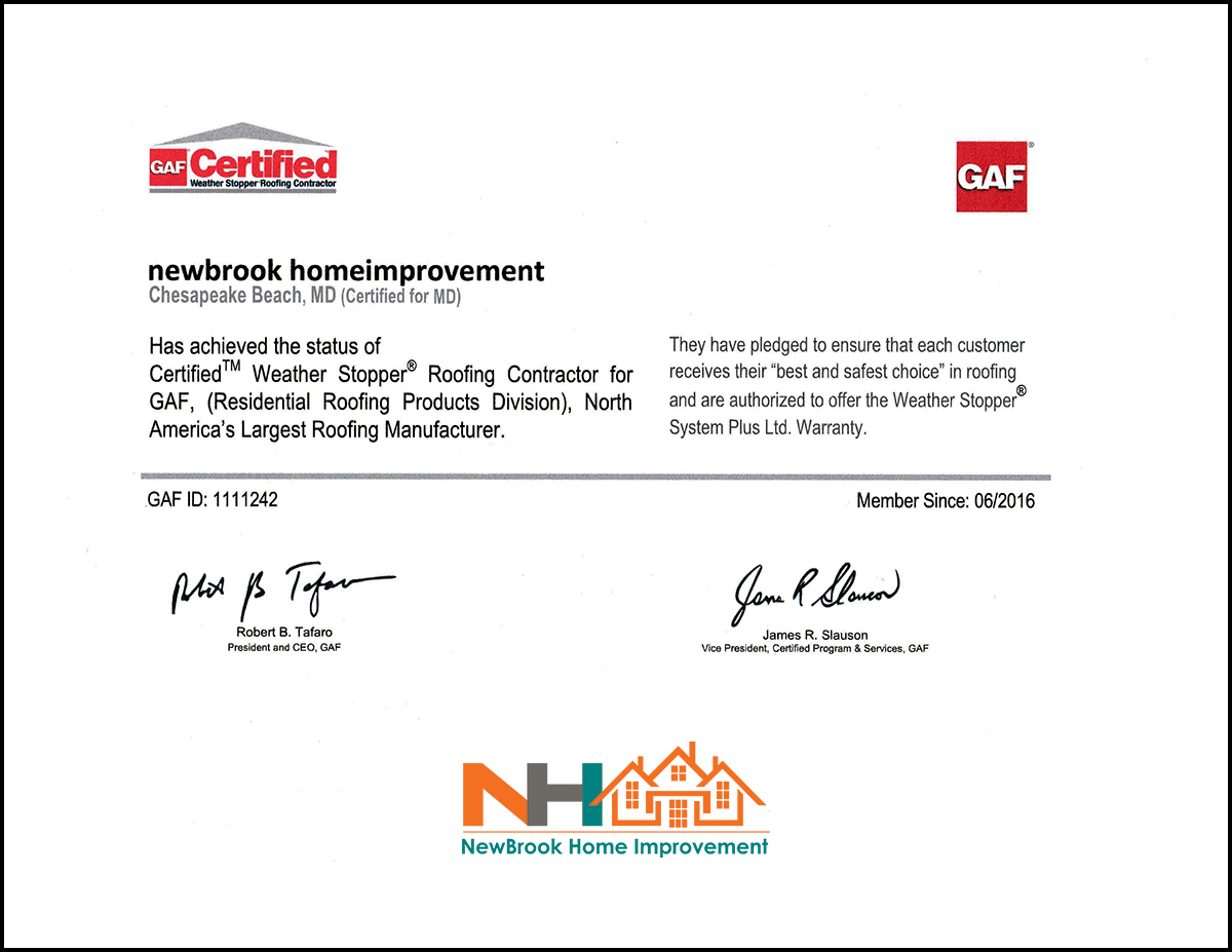 GAF certification for NewBrook Home Improvement
